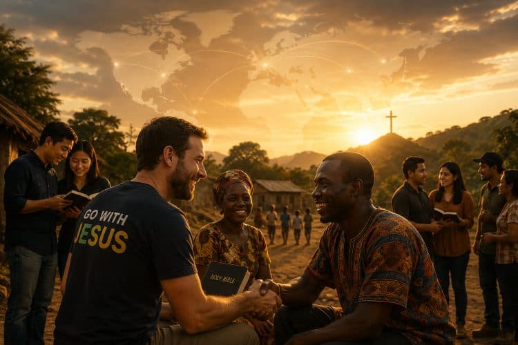A missionary and an African church leader clasp hands at sunset, with believers gathered around.